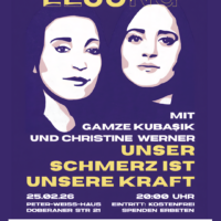 Zwei junge Frauen schauen ernst und bestimmt vor dem Schriftzug Lesung